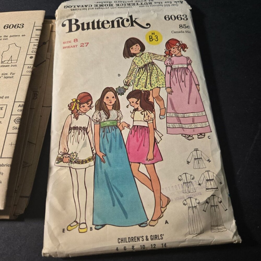 Butterick 6063 sewing pattern Girls dresses Size 8 Breast 27 inches CUT 70s